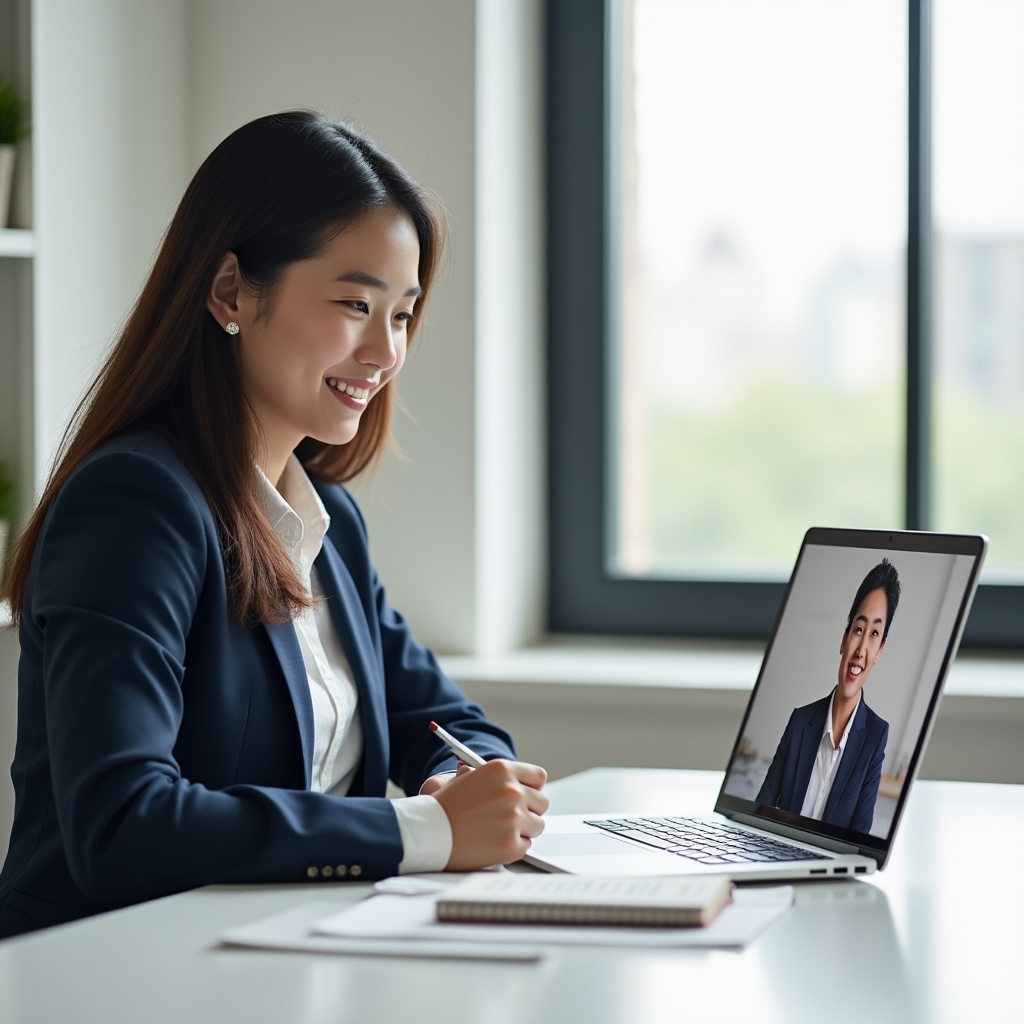 Marketing lead on a video call discussing training scheduling with a laptop and notebook