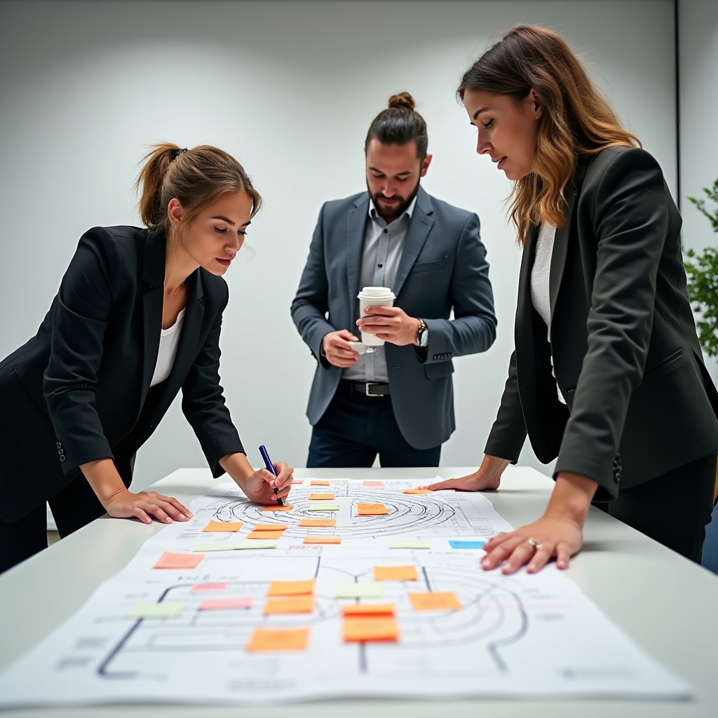 Marketing analysts reviewing customer touchpoint data printed on large paper sheets during a workshop