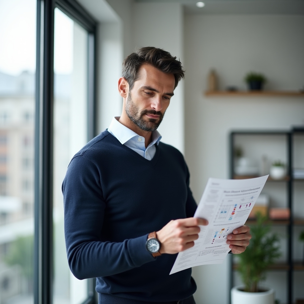 Analytics trainer standing in a bright office reviewing printed journey diagrams