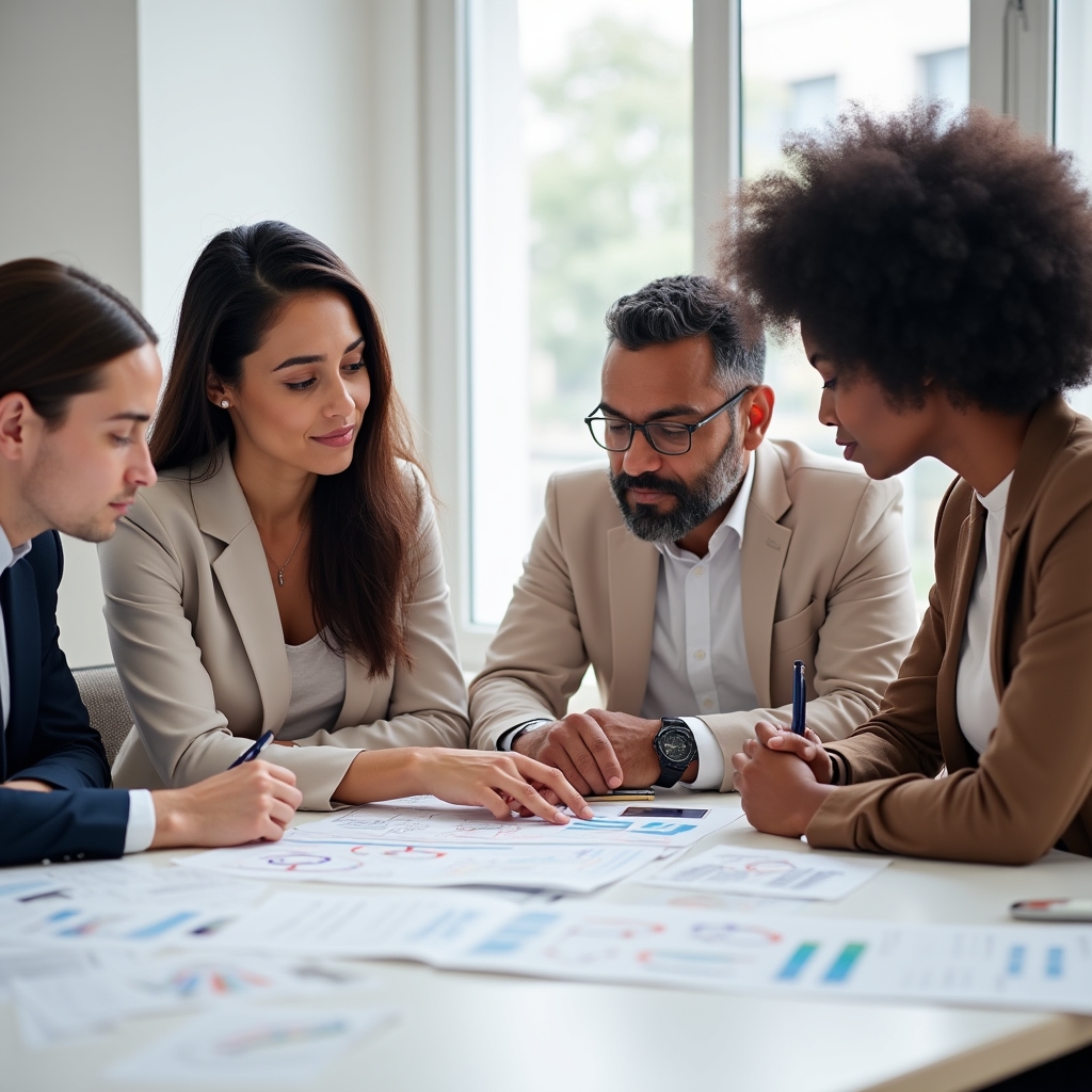 Four marketing team members discussing a customer journey diagram printed on paper spread across a table