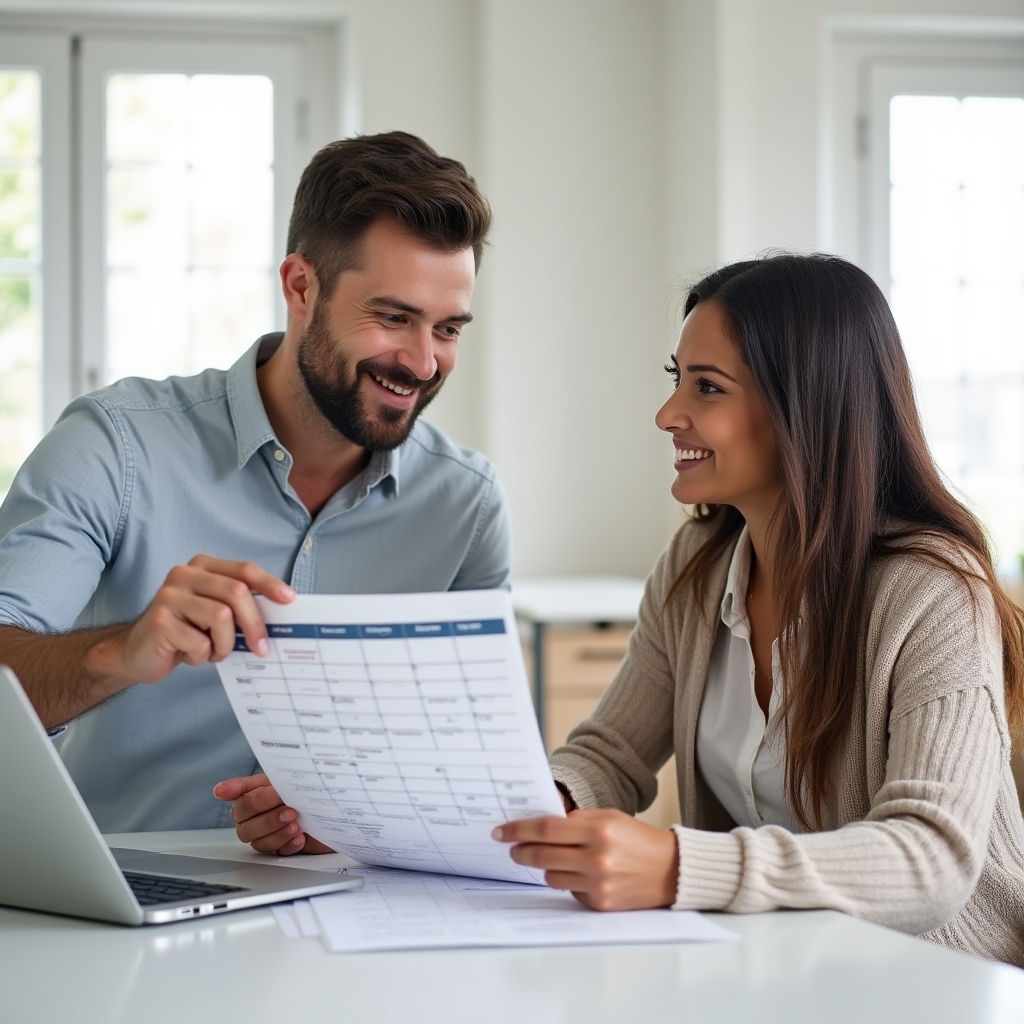 Two marketing professionals planning a training schedule around a laptop and printed notes